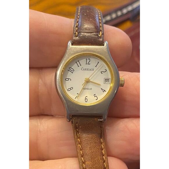 Women's Silver Tone 25mm Carriage by Timex Watch Leather Band, Indiglo - Picture 1 of 3